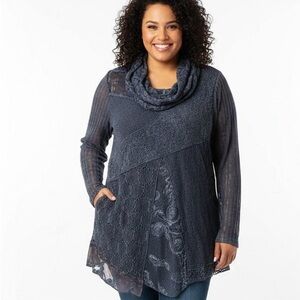 Boho Cowl Neck Tunic with patchwork and Lace Overlay- Dusty Blue XL